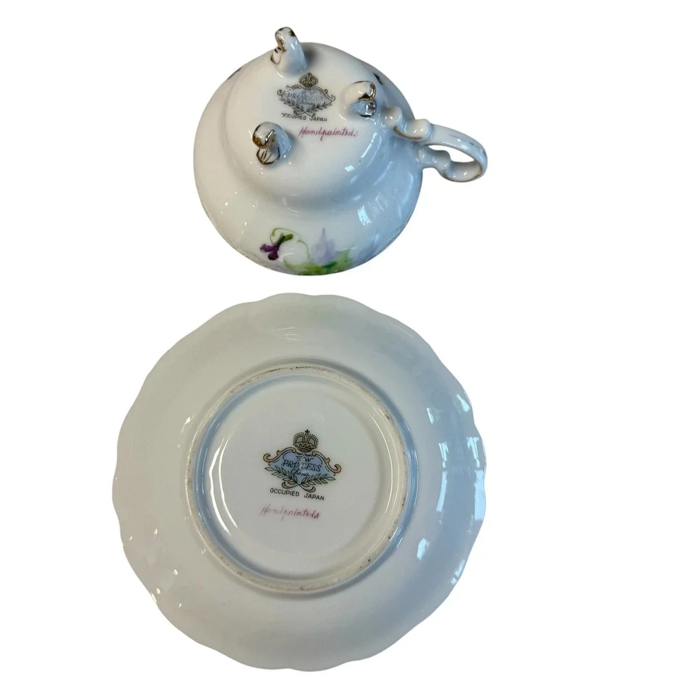 Princess China Occupied Japan Tripod Footed Teacup Saucer Hand Painted Pansy